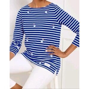 NWT Talbots French Bulldog Embroidered Cotton Stretch Boat Neck‎ Top Shirt
